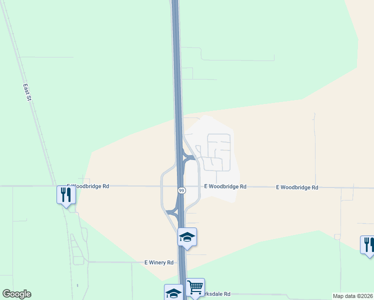 map of restaurants, bars, coffee shops, grocery stores, and more near 19751 California 99 in Acampo