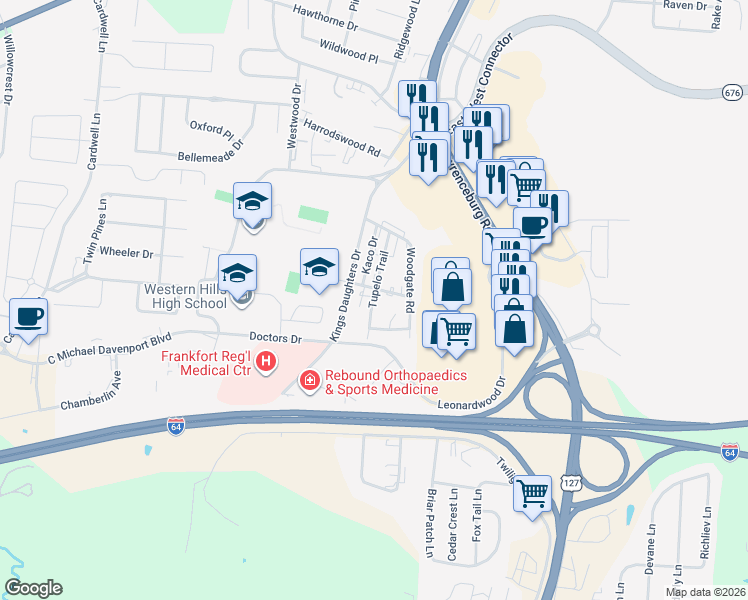 map of restaurants, bars, coffee shops, grocery stores, and more near 197 Tupelo Trail in Frankfort