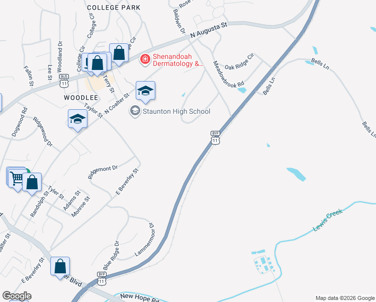 map of restaurants, bars, coffee shops, grocery stores, and more near 840 Commerce Road in Staunton