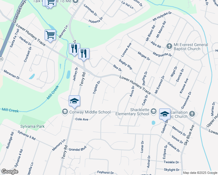map of restaurants, bars, coffee shops, grocery stores, and more near 2801 Triplett Court in Louisville