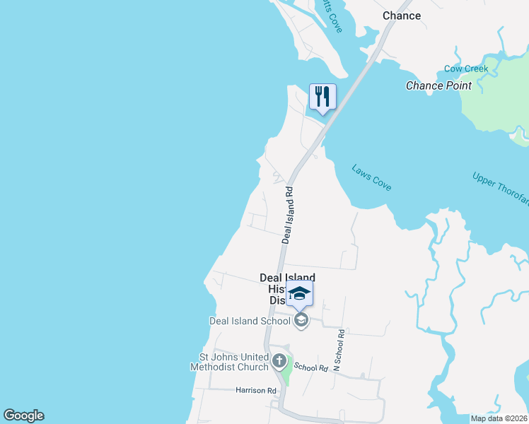 map of restaurants, bars, coffee shops, grocery stores, and more near 23163 Rolfe Lane in Deal Island Historic District
