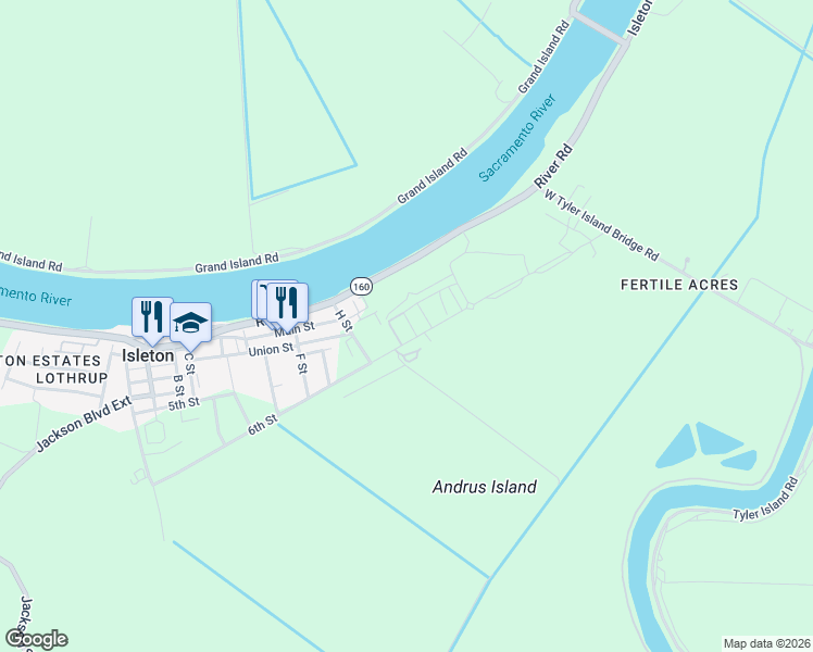 map of restaurants, bars, coffee shops, grocery stores, and more near 700 Annemarie Way in Isleton