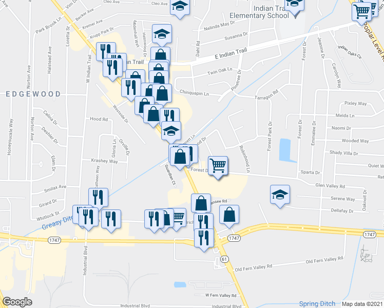 map of restaurants, bars, coffee shops, grocery stores, and more near 3402 Prestwood Drive in Louisville
