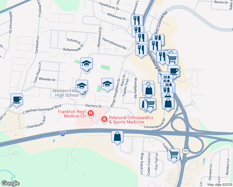 map of restaurants, bars, coffee shops, grocery stores, and more near 200 Kings Daughters Drive in Frankfort