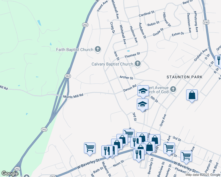 map of restaurants, bars, coffee shops, grocery stores, and more near 108 Essex Drive in Staunton