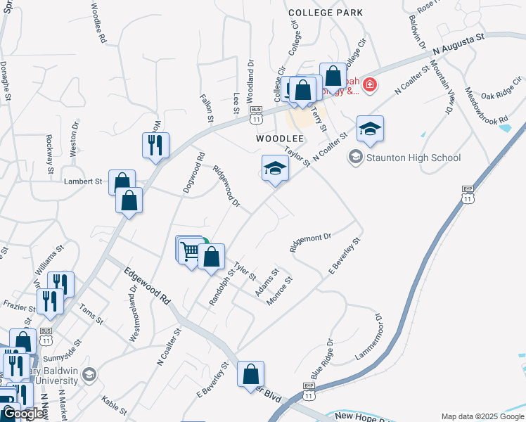 map of restaurants, bars, coffee shops, grocery stores, and more near 905 N Coalter St in Staunton