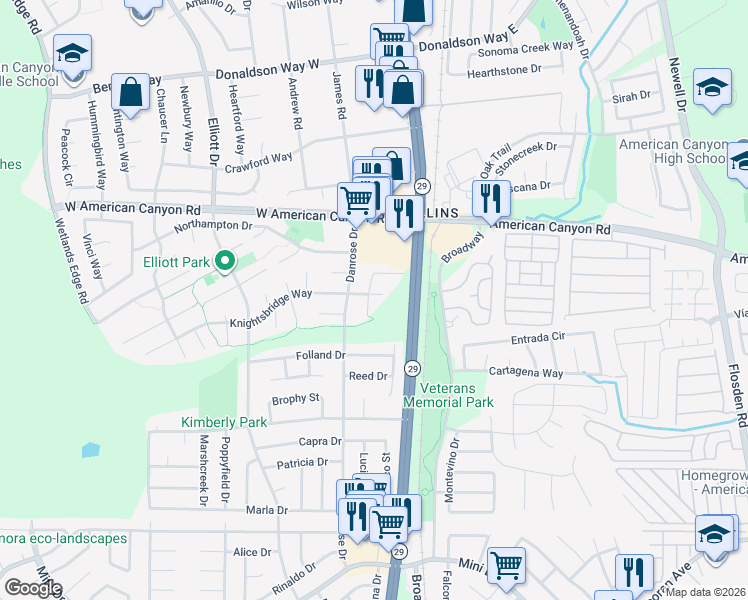map of restaurants, bars, coffee shops, grocery stores, and more near 121 Knightsbridge Court in American Canyon