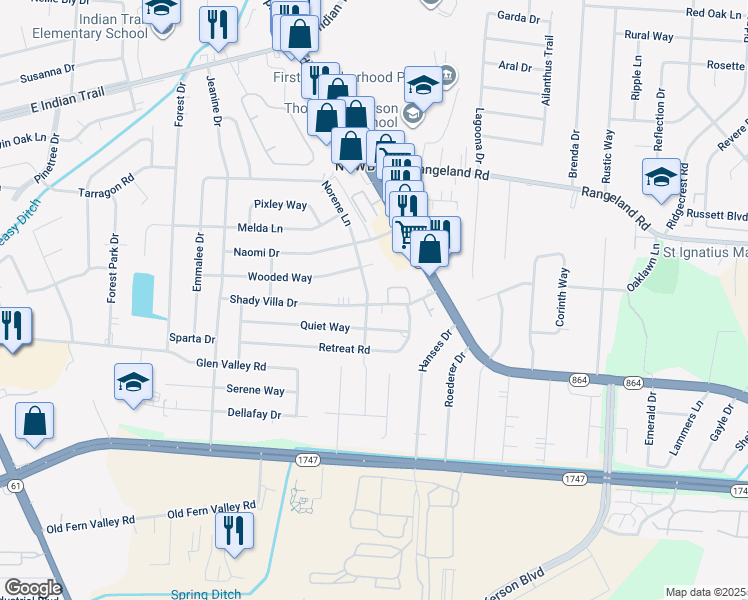 map of restaurants, bars, coffee shops, grocery stores, and more near 4413 Norene Lane in Louisville