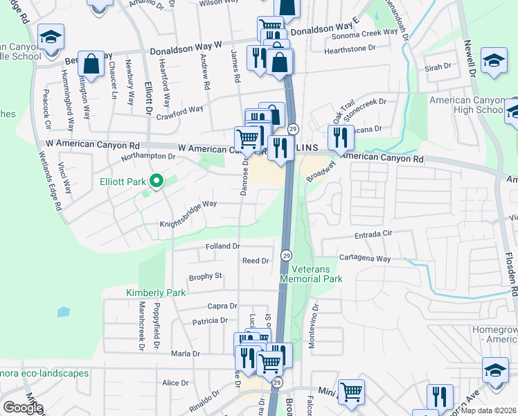 map of restaurants, bars, coffee shops, grocery stores, and more near 121 Knightsbridge Court in American Canyon