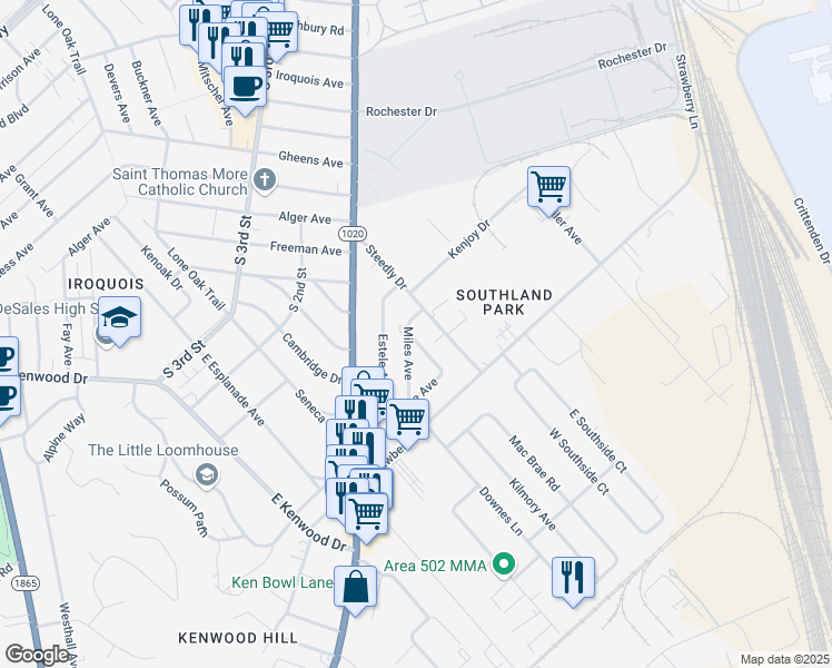 map of restaurants, bars, coffee shops, grocery stores, and more near 6503 Evangeline Avenue in Louisville