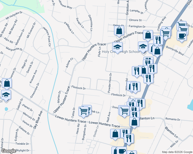 map of restaurants, bars, coffee shops, grocery stores, and more near 6353 Doe Run Road in Louisville