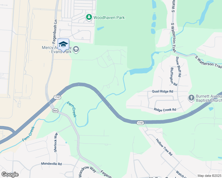 map of restaurants, bars, coffee shops, grocery stores, and more near 7101 Fern Ridge Road in Louisville