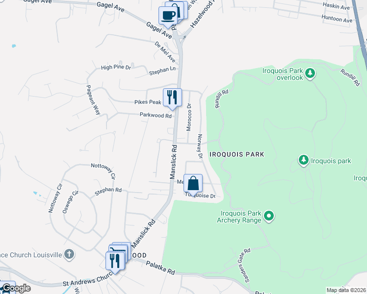 map of restaurants, bars, coffee shops, grocery stores, and more near 1600 Iroquois Parkway in Louisville