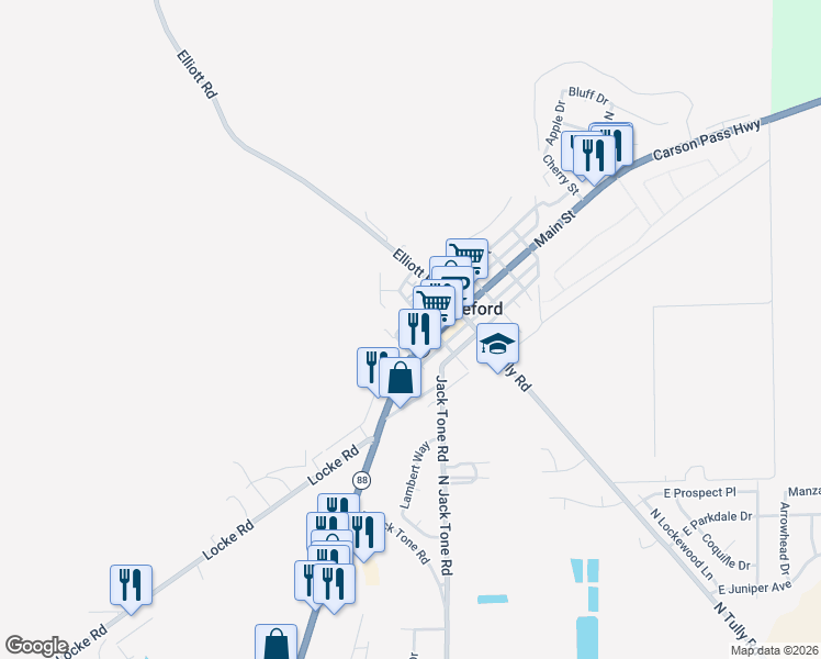 map of restaurants, bars, coffee shops, grocery stores, and more near 13350 Church Street in Lockeford