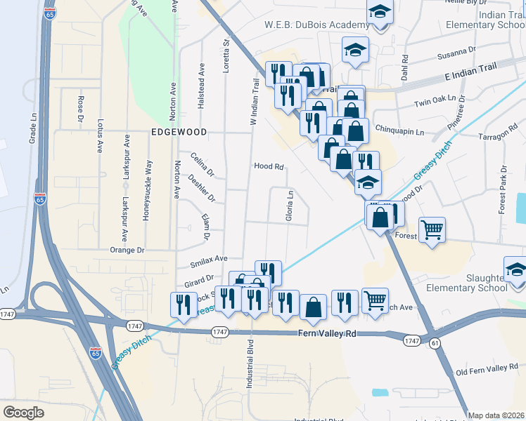 map of restaurants, bars, coffee shops, grocery stores, and more near 6004 Catheen Way in Louisville
