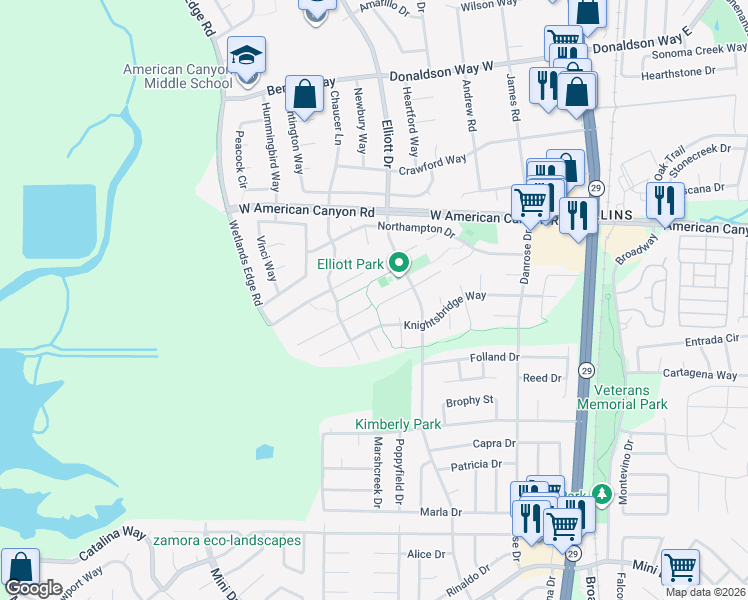 map of restaurants, bars, coffee shops, grocery stores, and more near 328 Kingsly Lane in American Canyon
