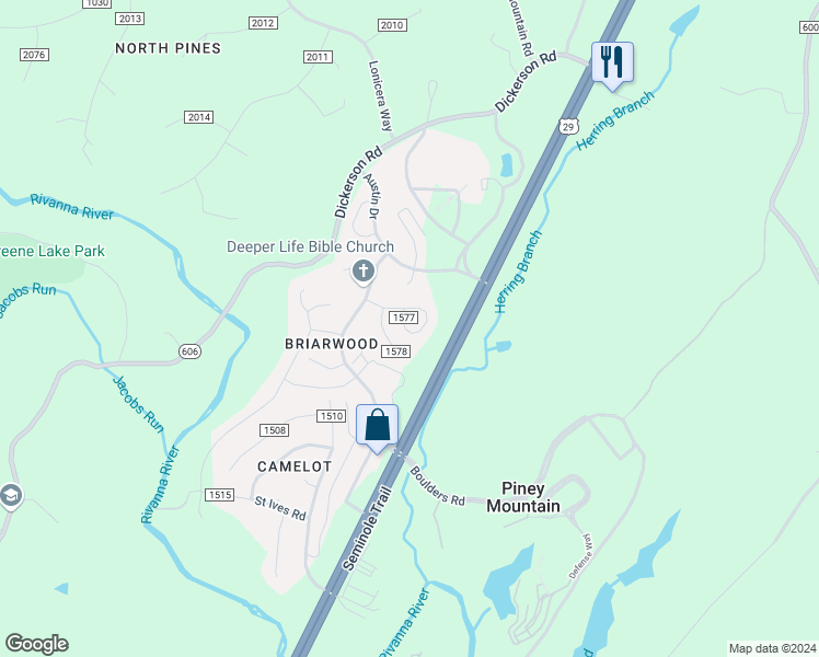 map of restaurants, bars, coffee shops, grocery stores, and more near 2455 Whitney Court in Charlottesville