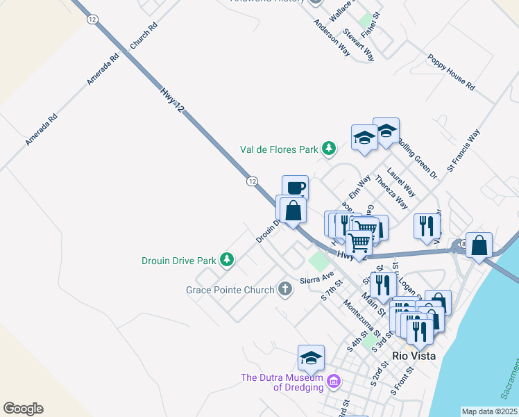map of restaurants, bars, coffee shops, grocery stores, and more near 150 Drouin Drive in Rio Vista