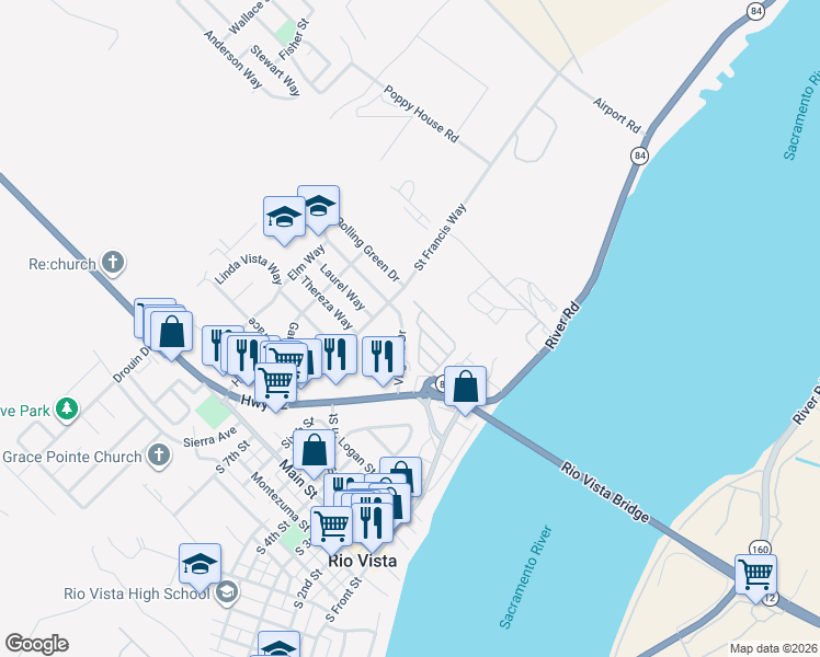 map of restaurants, bars, coffee shops, grocery stores, and more near 638 Virginia Drive in Rio Vista