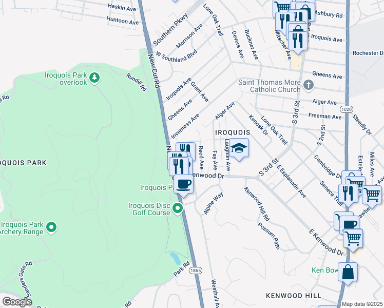 map of restaurants, bars, coffee shops, grocery stores, and more near 5115 Emery Avenue in Louisville