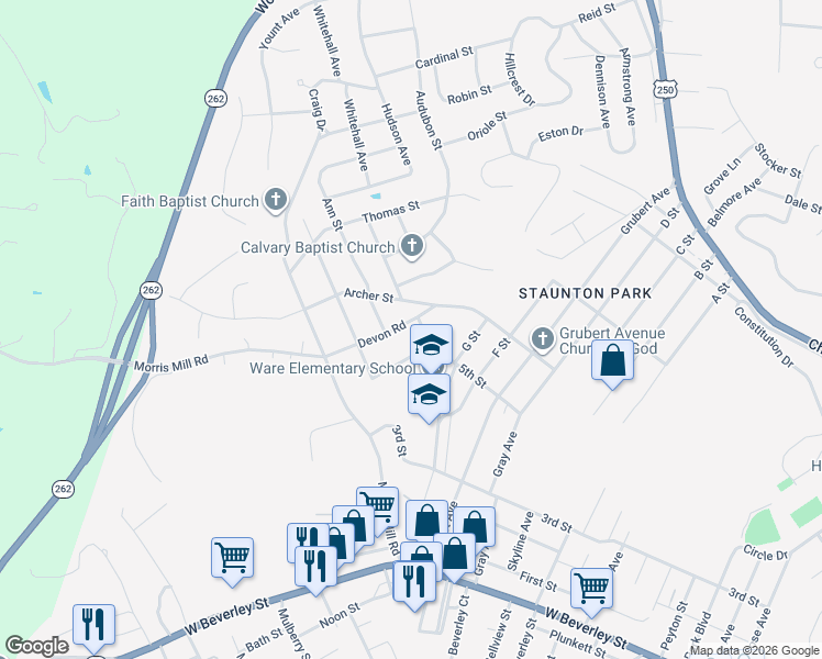 map of restaurants, bars, coffee shops, grocery stores, and more near 307 Devon Road in Staunton