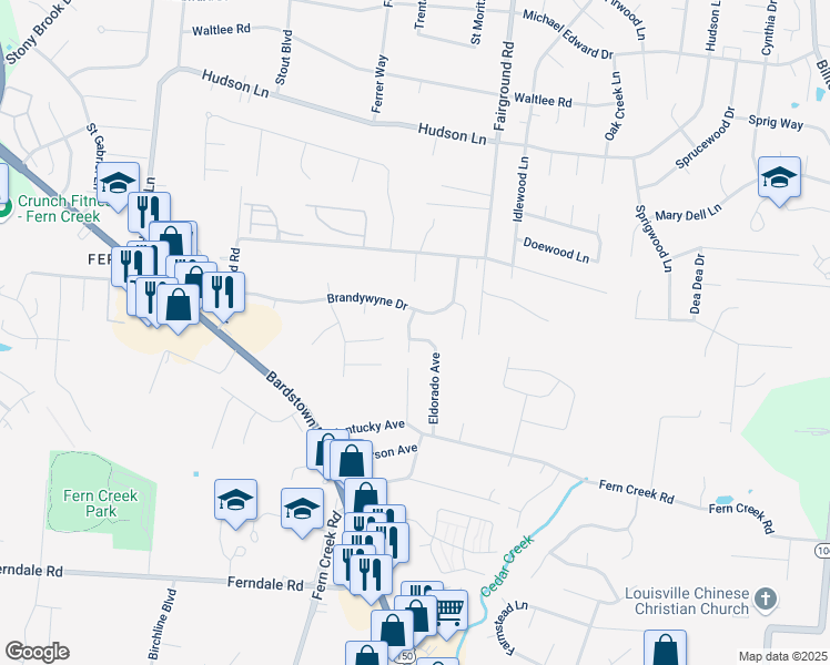 map of restaurants, bars, coffee shops, grocery stores, and more near 5805 Shelby Street in Louisville