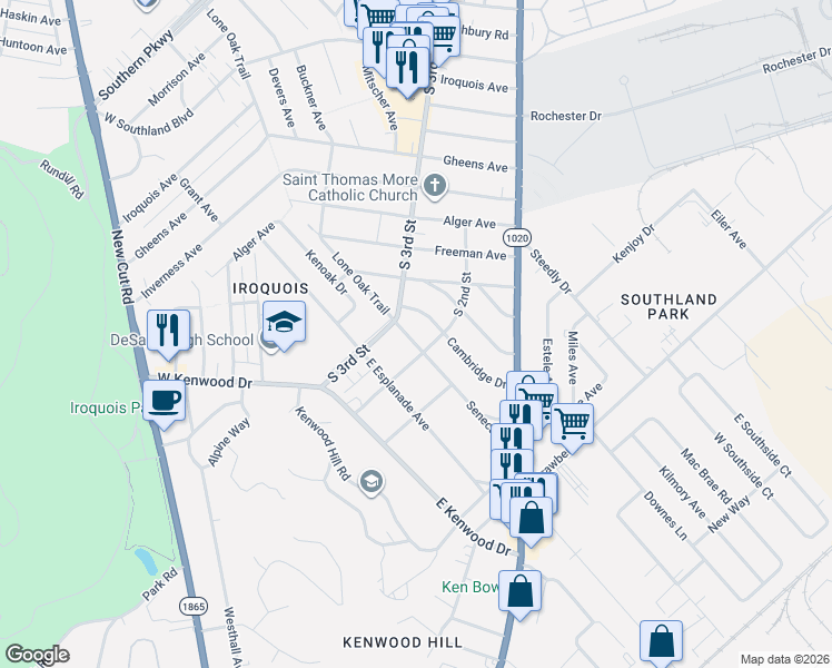 map of restaurants, bars, coffee shops, grocery stores, and more near 207 Seneca Trail in Louisville