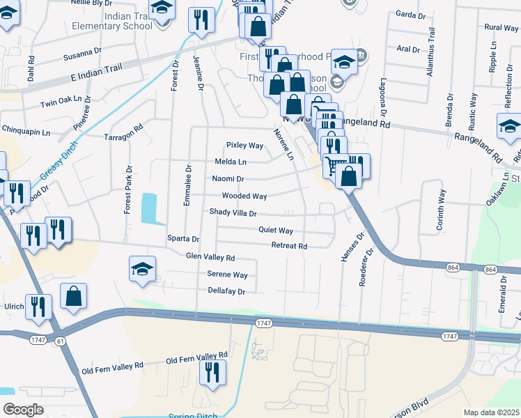 map of restaurants, bars, coffee shops, grocery stores, and more near 4111 Shady Villa Drive in Louisville