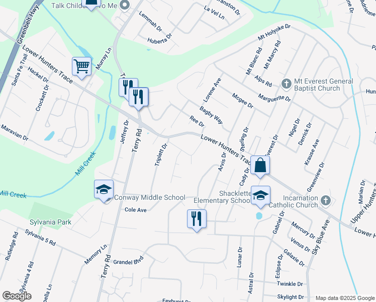 map of restaurants, bars, coffee shops, grocery stores, and more near 2801 Triplett Court in Louisville