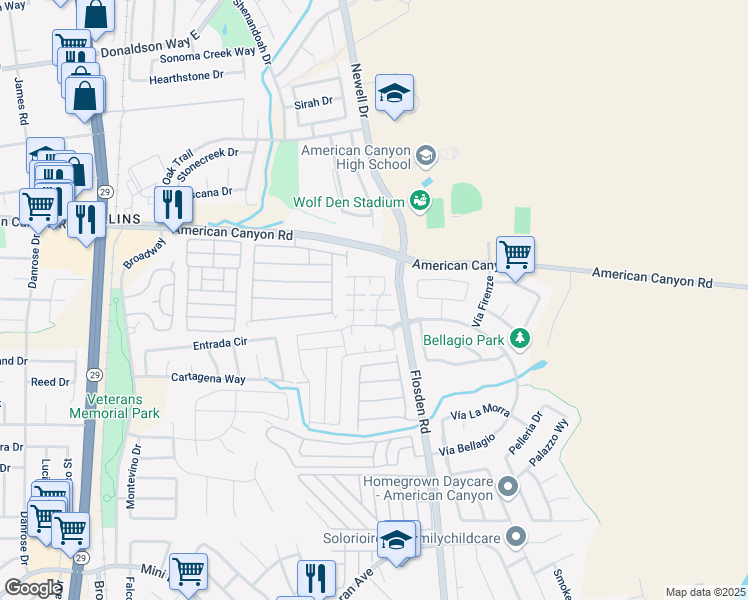 map of restaurants, bars, coffee shops, grocery stores, and more near 45 Solera Lane in American Canyon