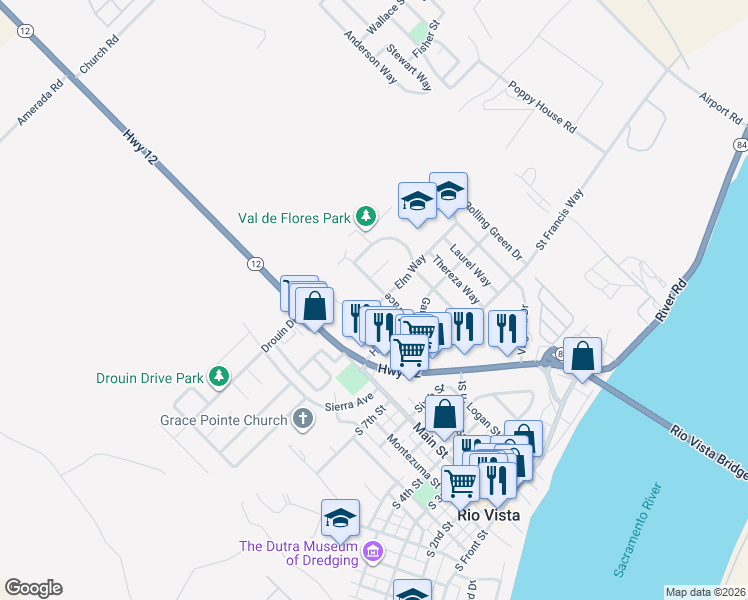 map of restaurants, bars, coffee shops, grocery stores, and more near 814 Elm Way in Rio Vista