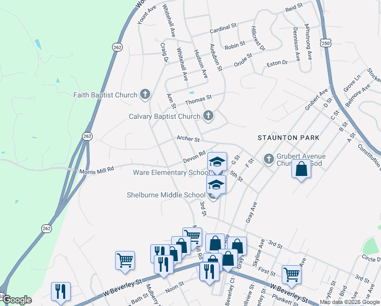 map of restaurants, bars, coffee shops, grocery stores, and more near 104 Ann Street in Staunton