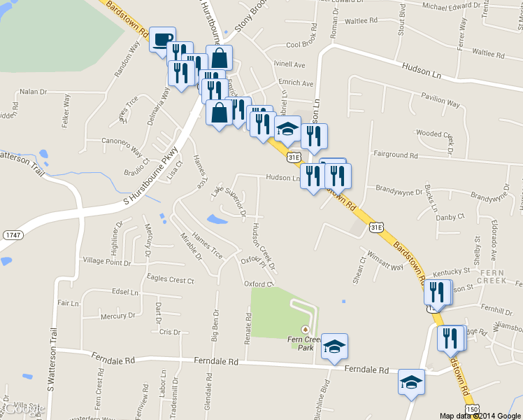map of restaurants, bars, coffee shops, grocery stores, and more near 6119 Hudson Creek Dr in Louisville