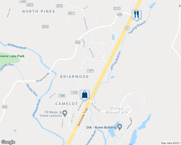 map of restaurants, bars, coffee shops, grocery stores, and more near 2401 Whitney Court in Charlottesville