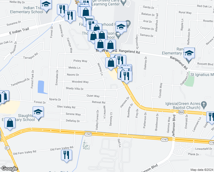 map of restaurants, bars, coffee shops, grocery stores, and more near 4413 Norene Lane in Louisville