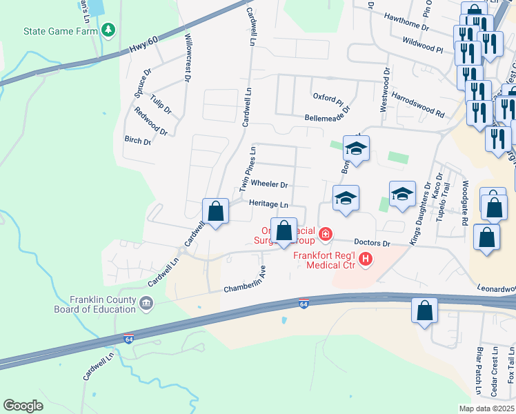 map of restaurants, bars, coffee shops, grocery stores, and more near 101 Portsmouth Lane in Frankfort
