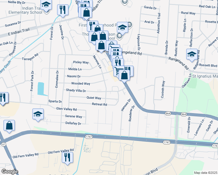 map of restaurants, bars, coffee shops, grocery stores, and more near 4413 Norene Lane in Louisville