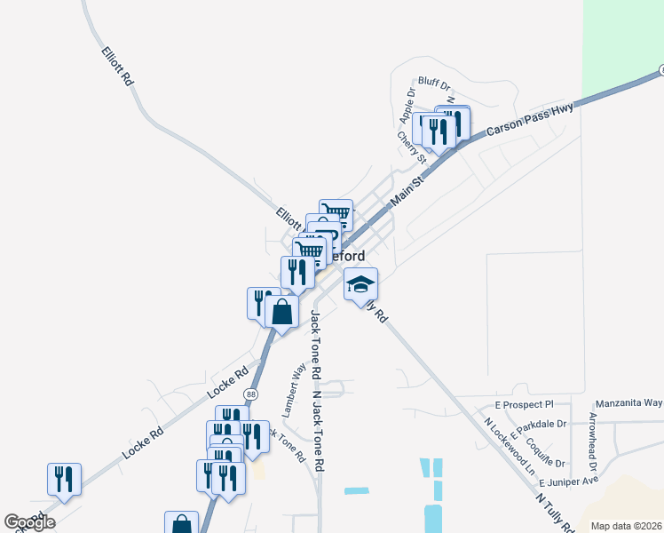 map of restaurants, bars, coffee shops, grocery stores, and more near 13480 East State Highway 88 in Lockeford