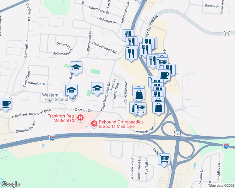map of restaurants, bars, coffee shops, grocery stores, and more near 197 Tupelo Trail in Frankfort