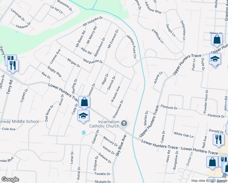 map of restaurants, bars, coffee shops, grocery stores, and more near 6304 Krause Avenue in Louisville