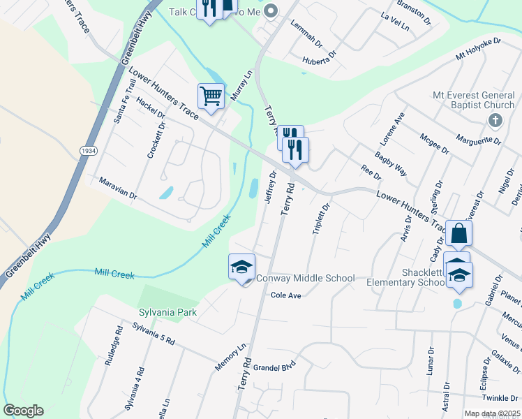 map of restaurants, bars, coffee shops, grocery stores, and more near 6206 Jeffrey Drive in Louisville