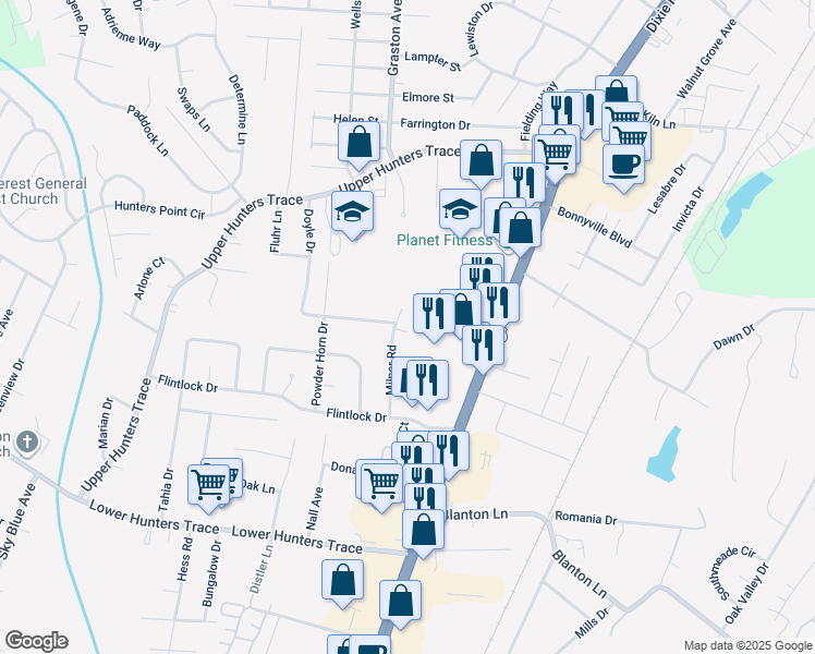 map of restaurants, bars, coffee shops, grocery stores, and more near 5133 Milner Road in Louisville