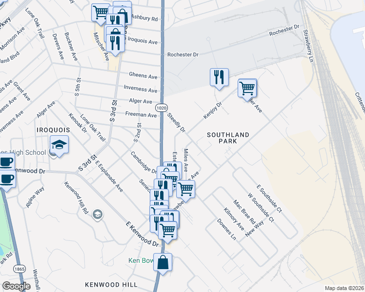 map of restaurants, bars, coffee shops, grocery stores, and more near 6503 Evangeline Avenue in Louisville