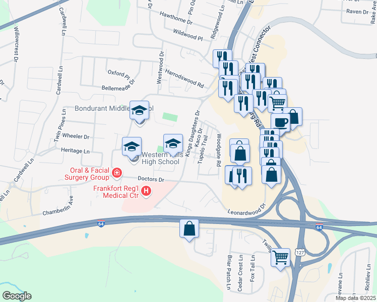 map of restaurants, bars, coffee shops, grocery stores, and more near 408 Kings Daughters Drive in Frankfort