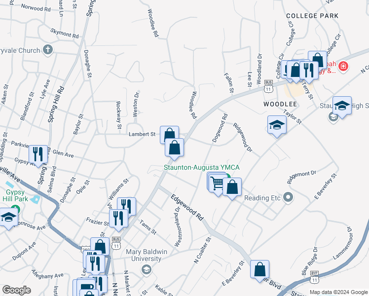 map of restaurants, bars, coffee shops, grocery stores, and more near 1423 North Augusta Street in Staunton