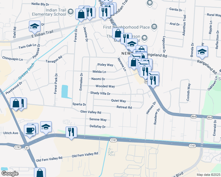 map of restaurants, bars, coffee shops, grocery stores, and more near 4111 Shady Villa Drive in Louisville