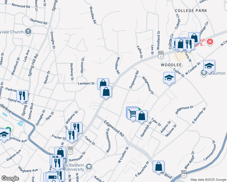 map of restaurants, bars, coffee shops, grocery stores, and more near 1423 North Augusta Street in Staunton