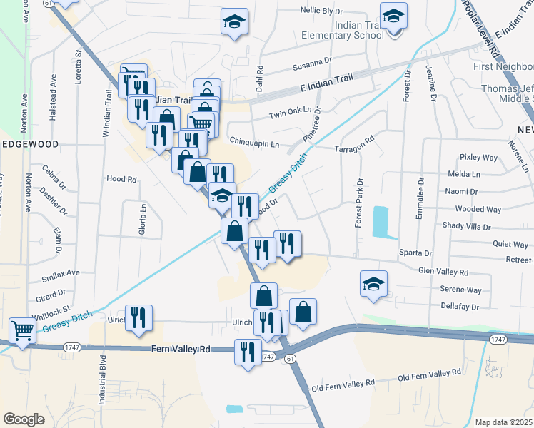 map of restaurants, bars, coffee shops, grocery stores, and more near 5900 Prestwood Court in Louisville