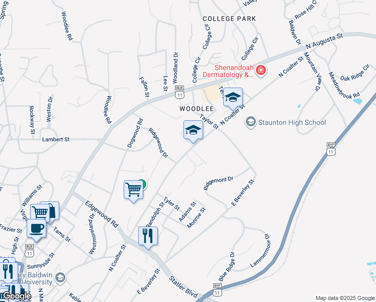 map of restaurants, bars, coffee shops, grocery stores, and more near 905 N Coalter St in Staunton