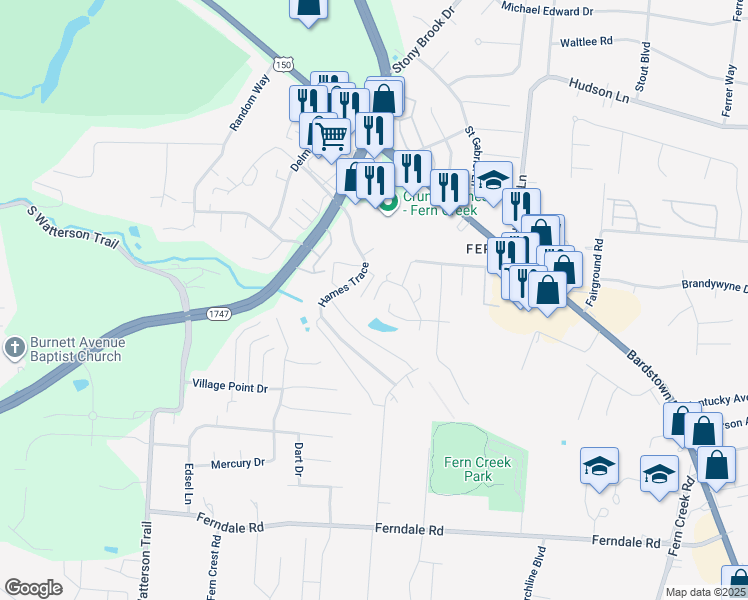 map of restaurants, bars, coffee shops, grocery stores, and more near 8302 Lake Superior Drive in Louisville